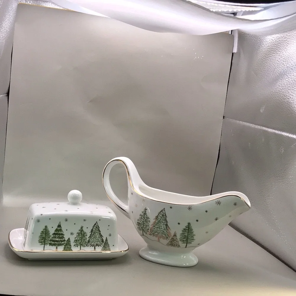 Grace Teaware Porcelain Butter Dish And Gravy Boat Trees And Snow And Gold Trim - Picture 8 of 16